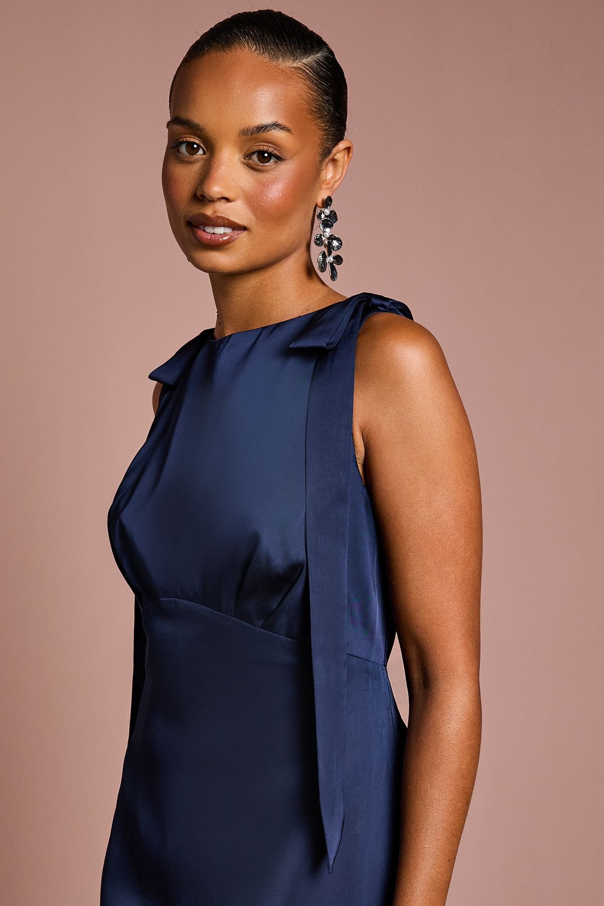 Coast Coast Women's Honoured Petite Sleeveless High Neck Tie Shoulder Satin Maxi Bridesmaid Dress in Navy - 4