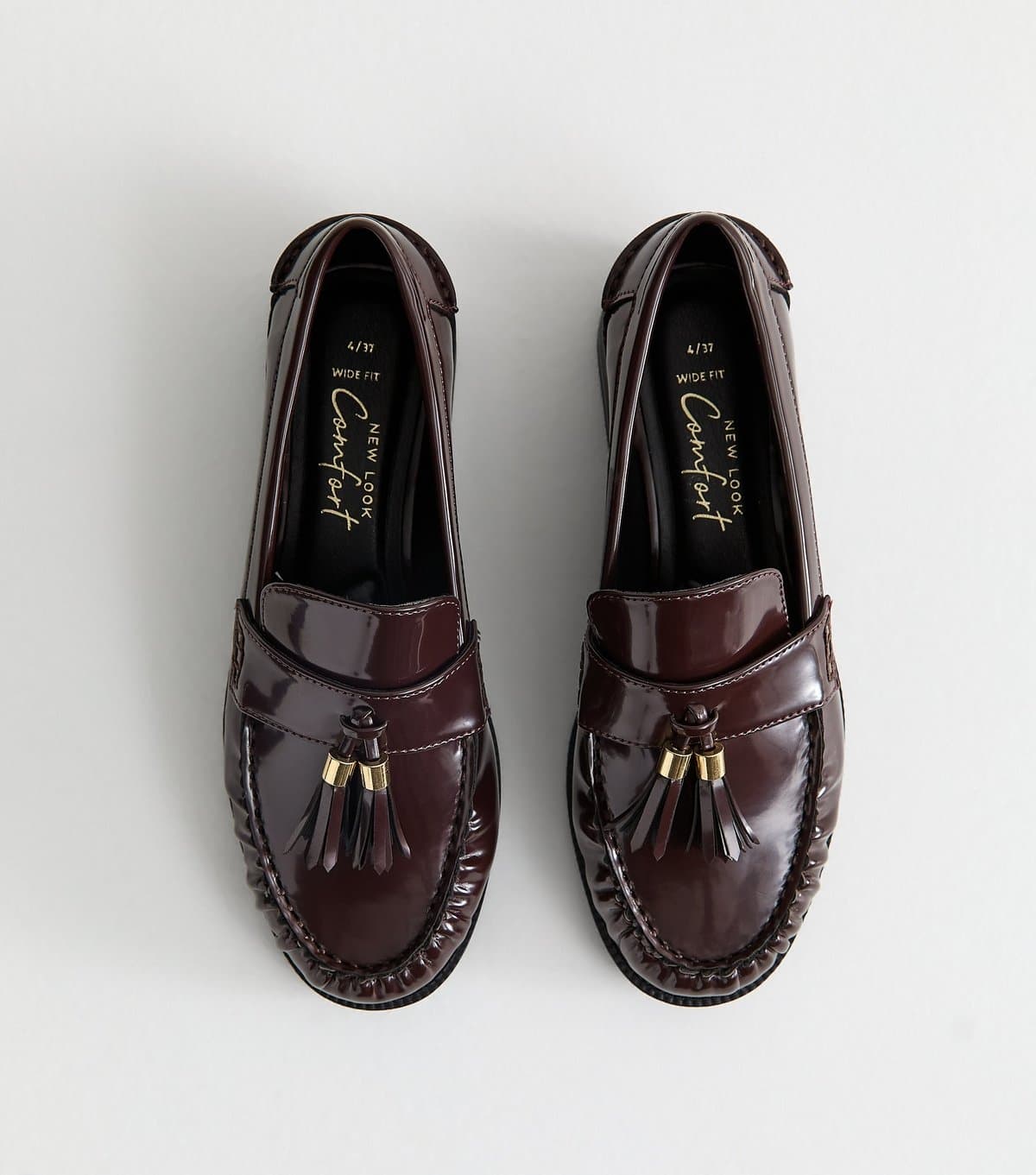 New Look Women's Wide Fit Dark Burgundy Patent Faux Leather Tassel Detail Loafers Vegan New Look
