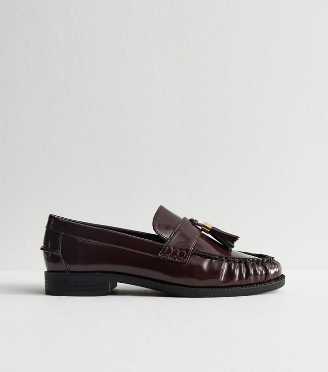 New Look Women's Wide Fit Dark Burgundy Patent Faux Leather Tassel Detail Loafers Vegan New Look - 3