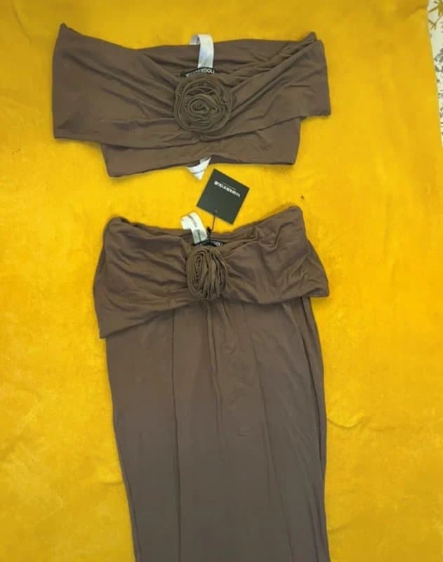 Wanderdoll Super cute Wanderdoll chocolate Bardot top and maxi skirt set with flower detail