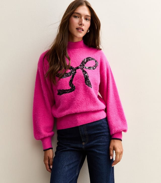 Sunshine Soul Women's Mid Pink Sequin Bow High Neck Jumper Sunshine Soul New Look - 2