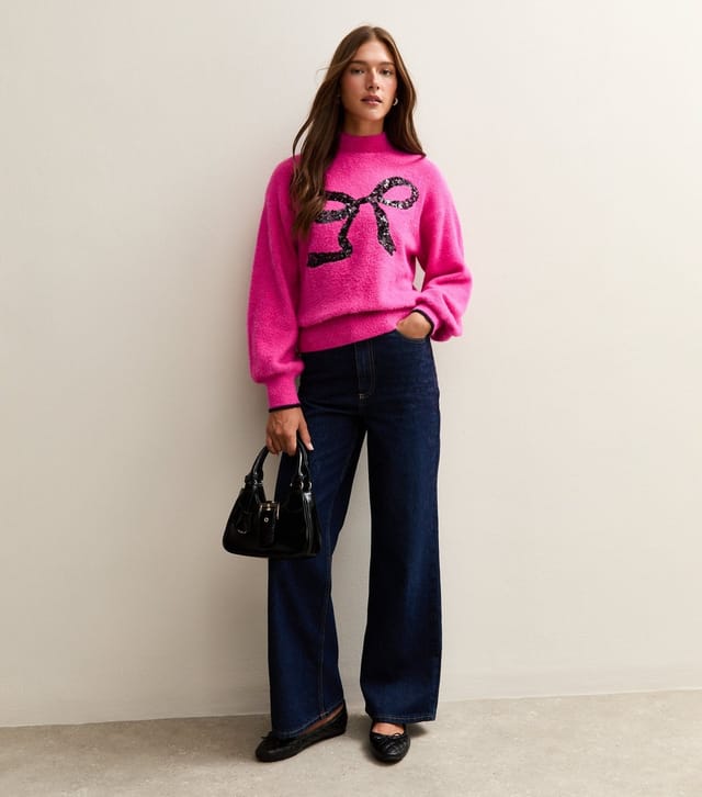 Sunshine Soul Women's Mid Pink Sequin Bow High Neck Jumper Sunshine Soul New Look - 3