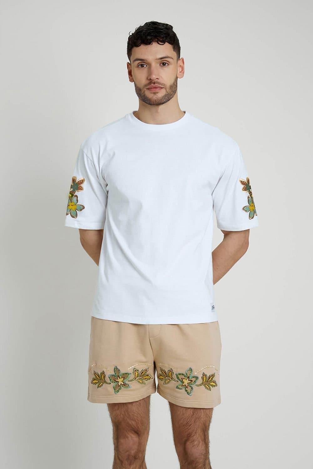Native Youth Native Youth Men's Cotton Floral Embroidered Crew Neck Short Sleeve T-Shirt in White