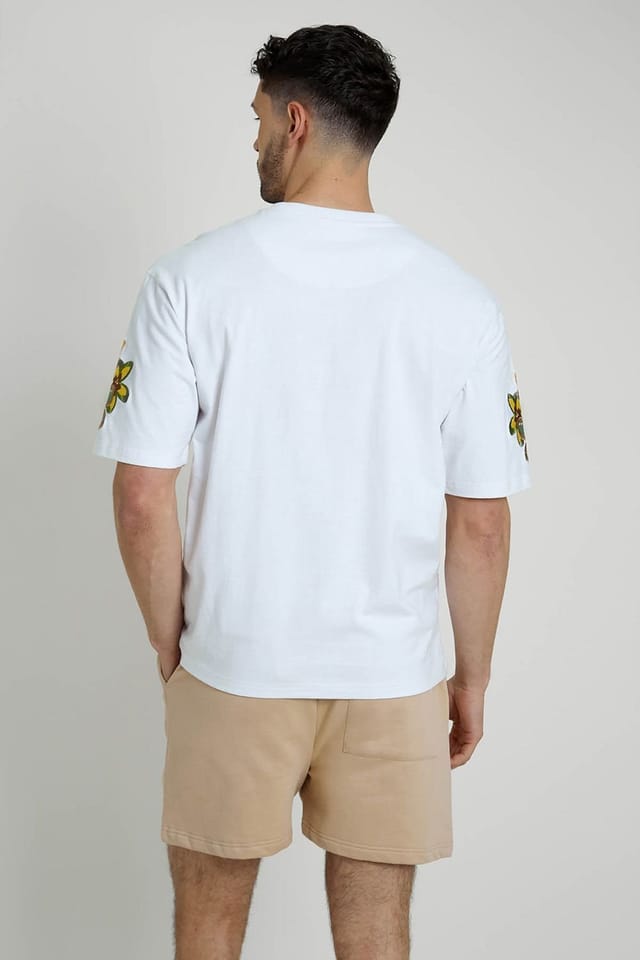 Native Youth Native Youth Men's Cotton Floral Embroidered Crew Neck Short Sleeve T-Shirt in White - 2
