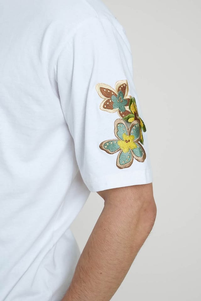 Native Youth Native Youth Men's Cotton Floral Embroidered Crew Neck Short Sleeve T-Shirt in White - 3