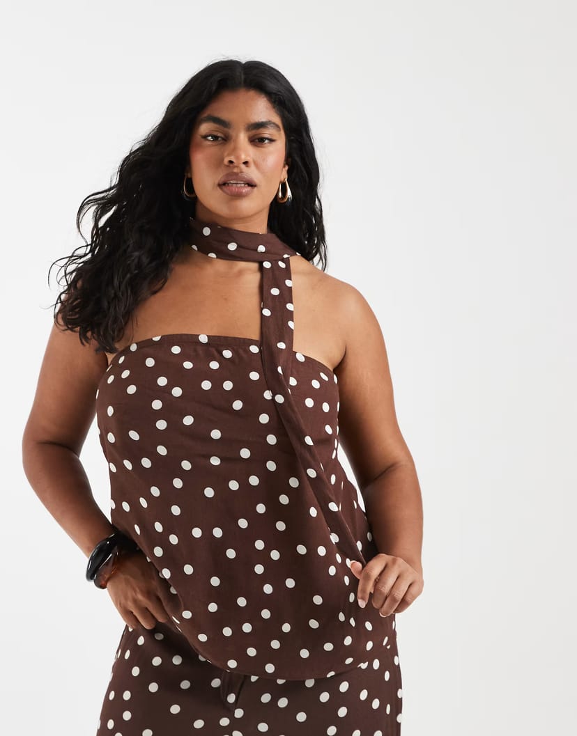 ASOS Vero Moda Curve woven bandeau top with scarf detail co-ord in chocolate and white polka dot - 1