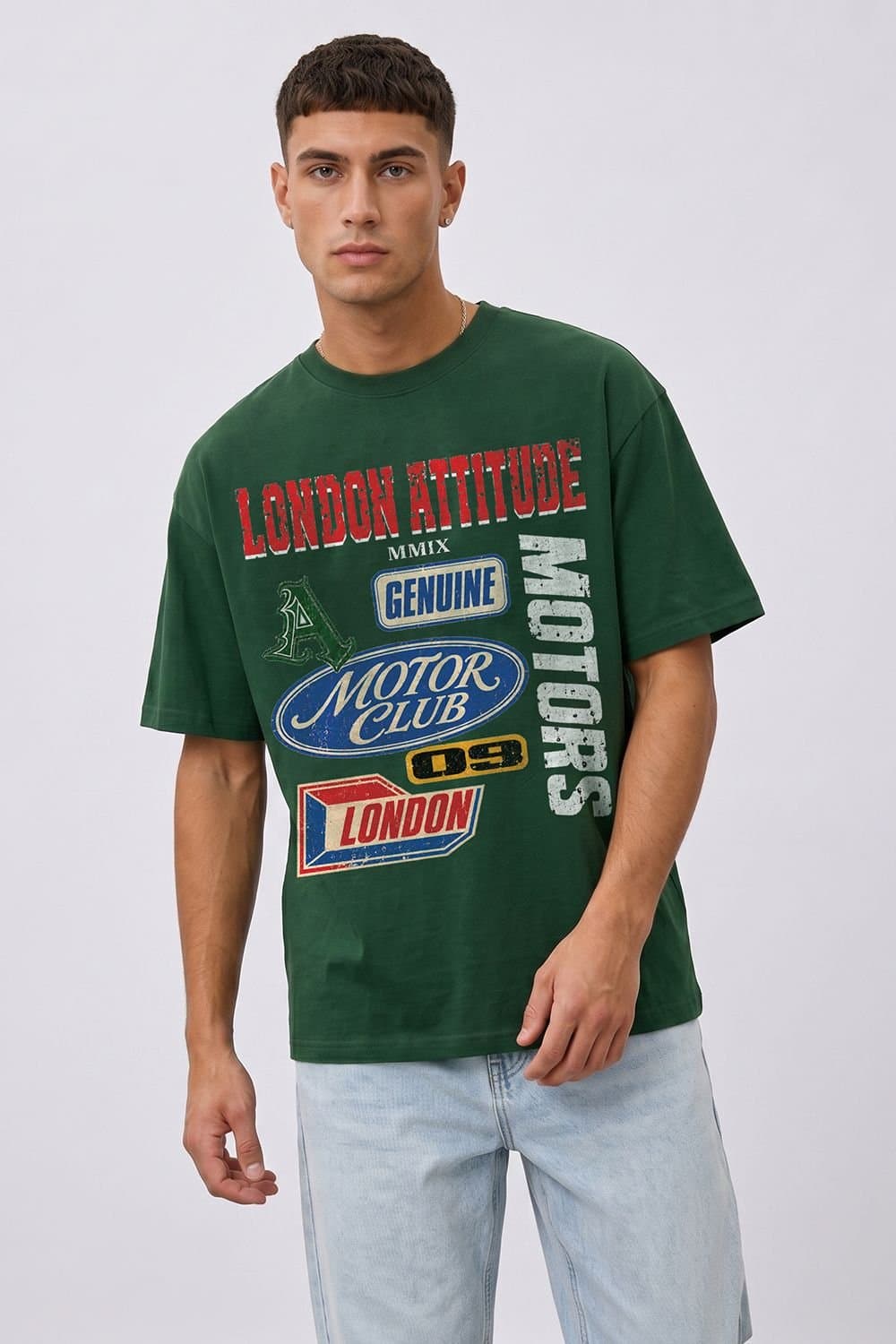 LONDON ATTITUDE LONDON ATTITUDE Men's Oversized Heavyweight Vintage Racing T-Shirt in Green