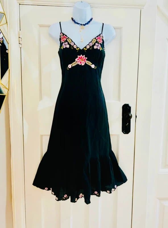 ZEN Embroidered floral mini midi dress bohemian hippie holiday festival 14 M