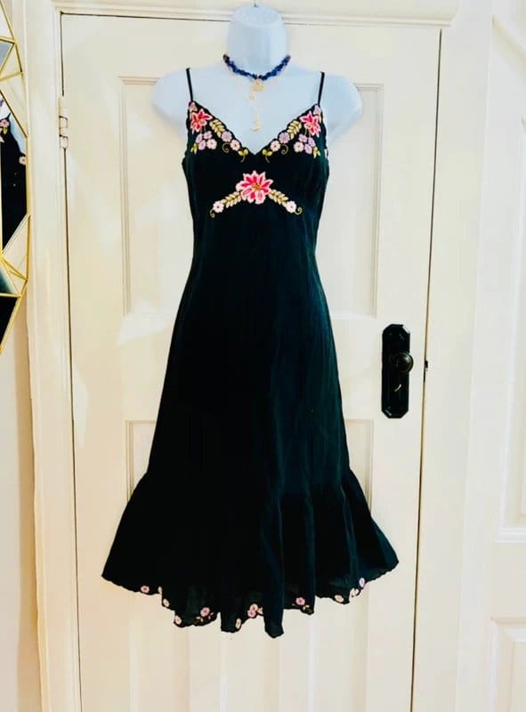 ZEN Embroidered floral mini midi dress bohemian hippie holiday festival 14 M - 1