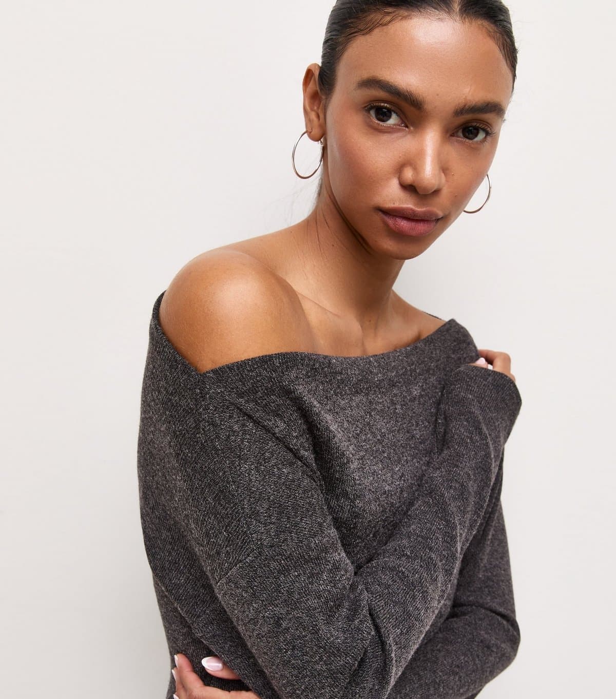 New Look Women's Dark Grey Soft Touch Slash Neck Asymmetric Draped Top New Look