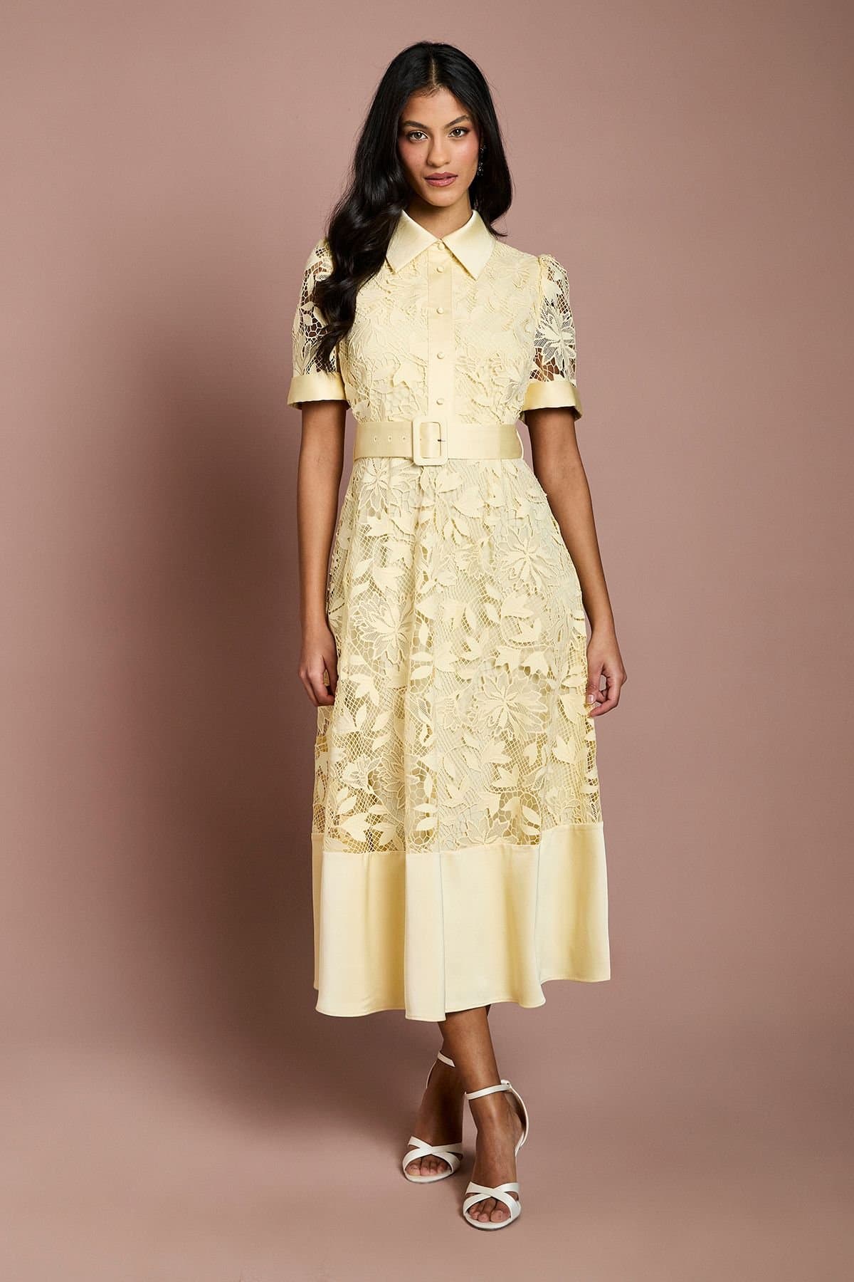 Coast Coast Women's Petite Satin Trim Lace Shirt Midi Dress in Lemon