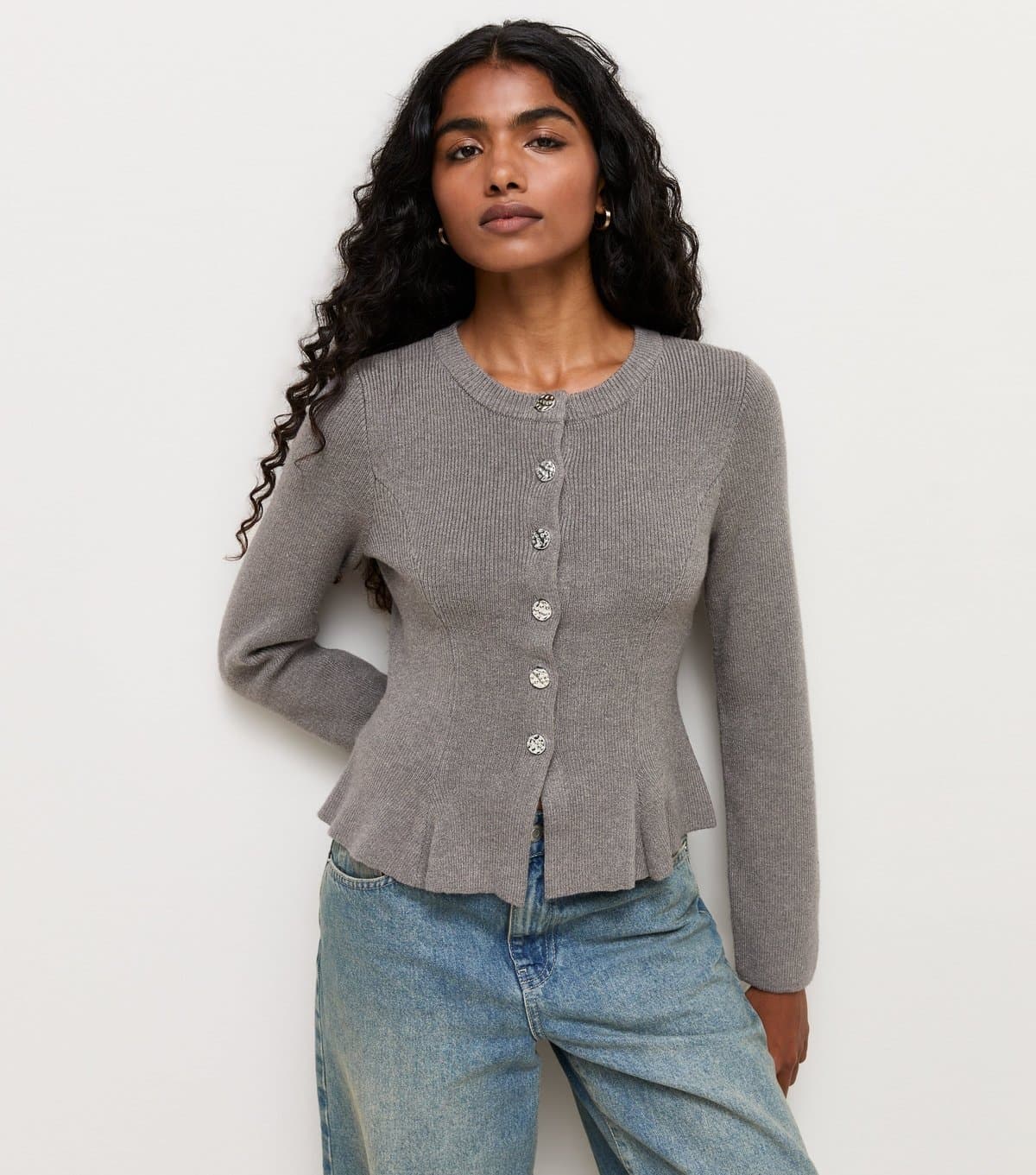 New Look Women's Petite Grey Rib Knit Peplum Cardigan New Look