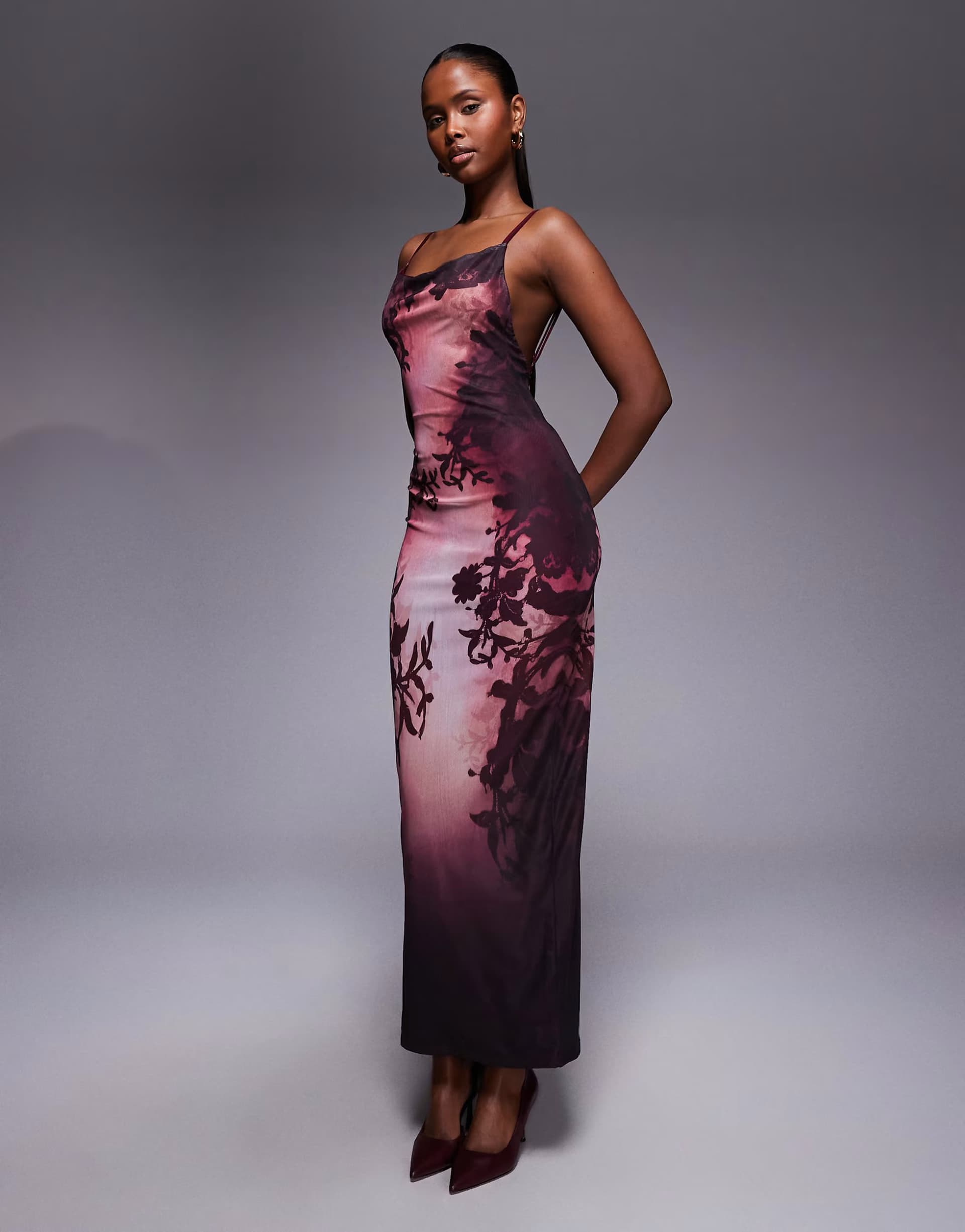 ASOS Murci premium sculpting mesh cami bodycon low back maxi dress in vintage burgundy floral