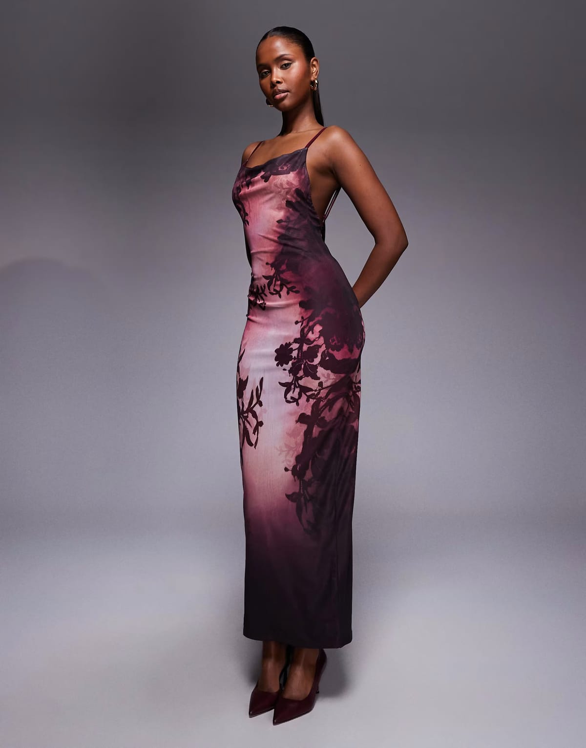 ASOS Murci premium sculpting mesh cami bodycon low back maxi dress in vintage burgundy floral - 1