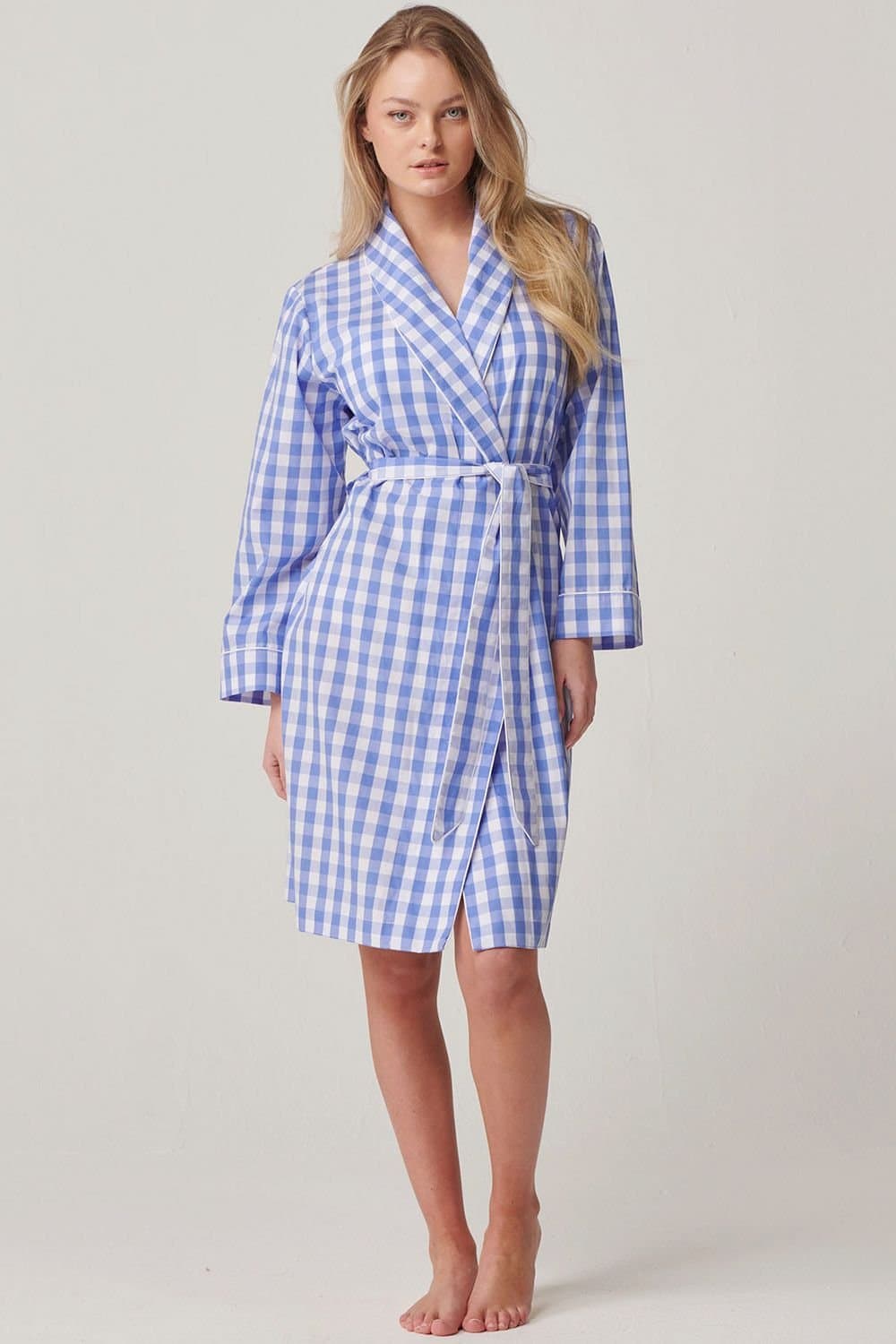 British Boxers British Boxers Women's "Schoolhouse Blue" Gingham Crisp Cotton Mid-Length Dressing Gown in Light Blue
