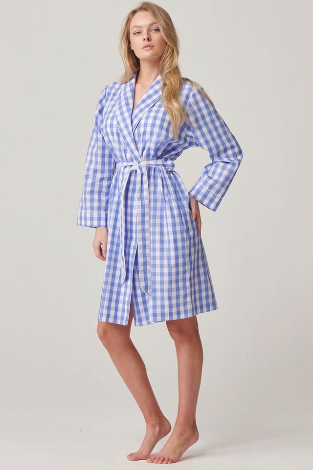 British Boxers British Boxers Women's "Schoolhouse Blue" Gingham Crisp Cotton Mid-Length Dressing Gown in Light Blue - 3