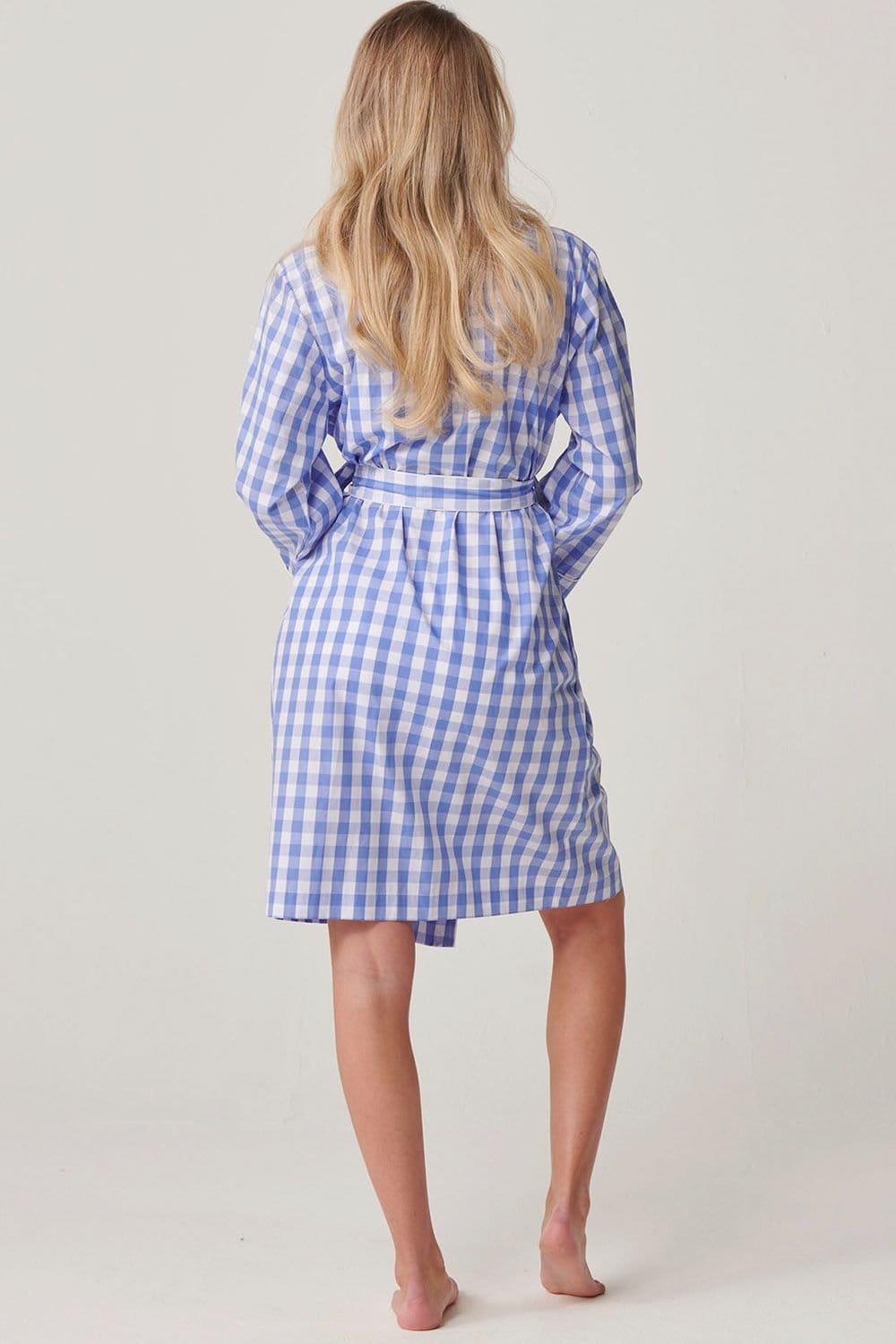 British Boxers British Boxers Women's "Schoolhouse Blue" Gingham Crisp Cotton Mid-Length Dressing Gown in Light Blue - 4