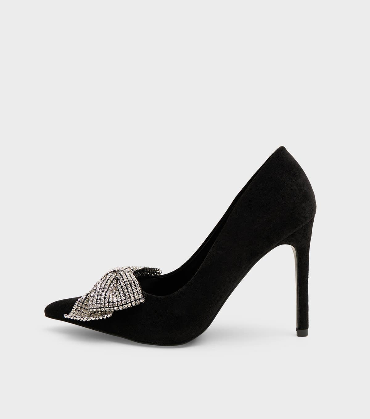 Public Desire Women's Black Vermillion Faux Suede Embellished Bow Pumps Public Desire New Look