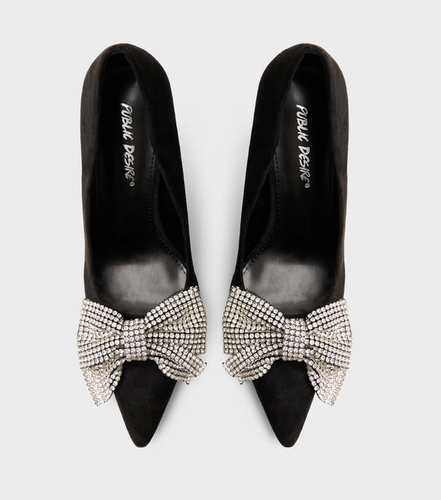 Public Desire Women's Black Vermillion Faux Suede Embellished Bow Pumps Public Desire New Look - 2