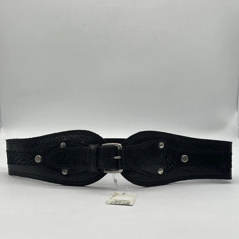 Warehouse Warehouse Black Leather Trim Elasticated Waist Belt Large Buckle Size M 29”