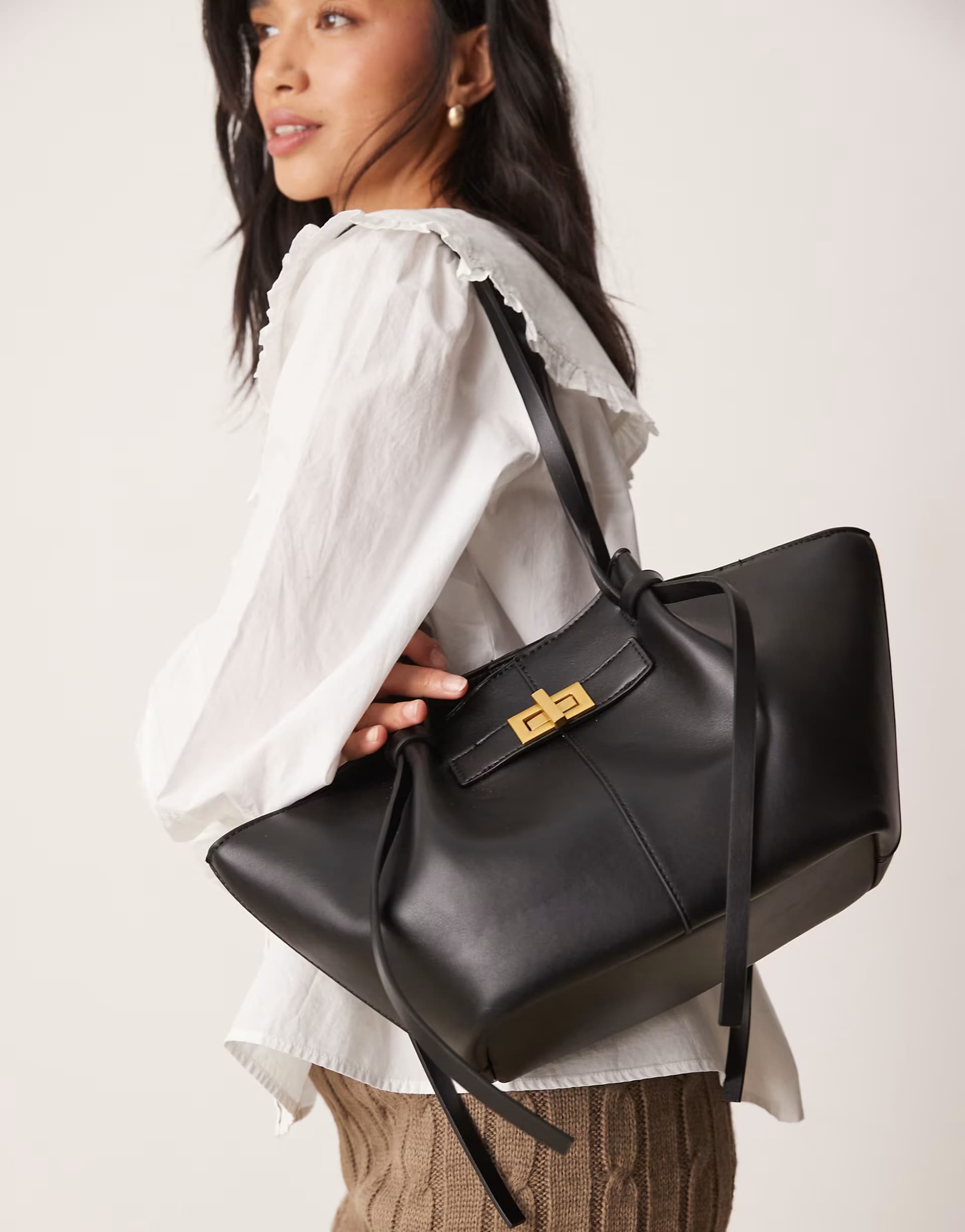 ASOS ASOS Black Faux Leather Tote Bag with Gold Detail