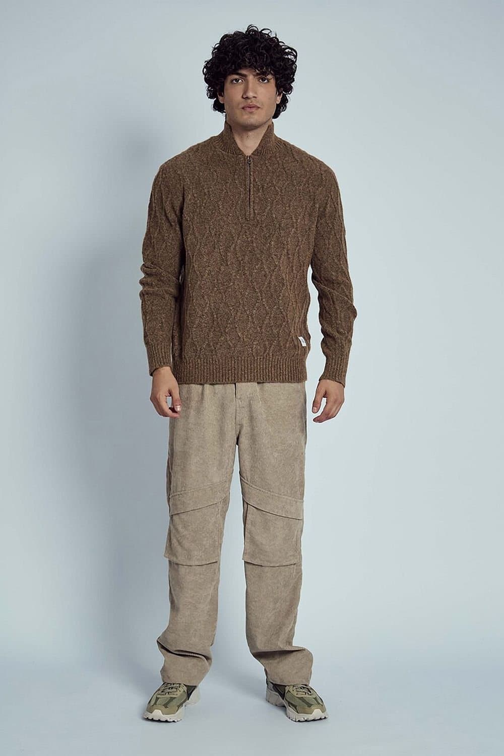 Native Youth Native Youth Men's Diamond Knitted 1/4 Zip Funnel Neck Long Sleeve Jumper in Brown