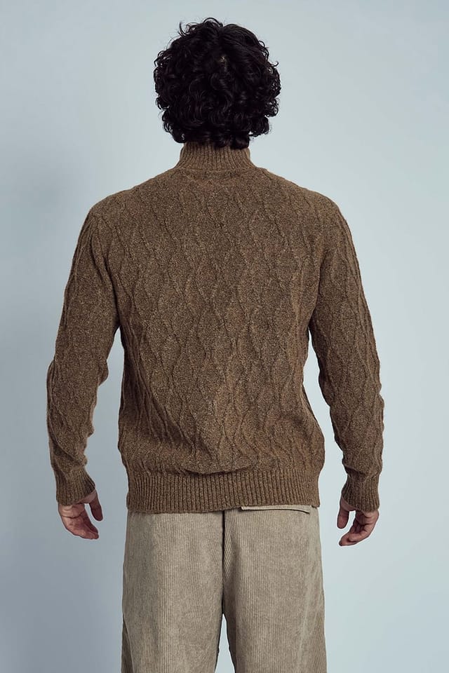 Native Youth Native Youth Men's Diamond Knitted 1/4 Zip Funnel Neck Long Sleeve Jumper in Brown - 2