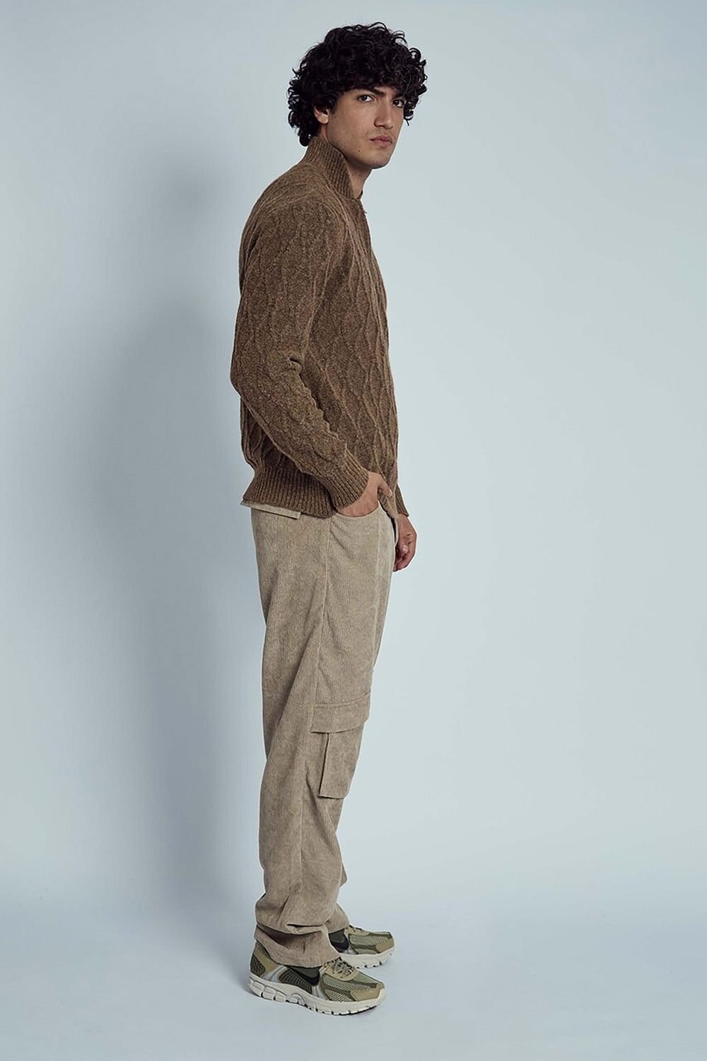 Native Youth Native Youth Men's Diamond Knitted 1/4 Zip Funnel Neck Long Sleeve Jumper in Brown - 4