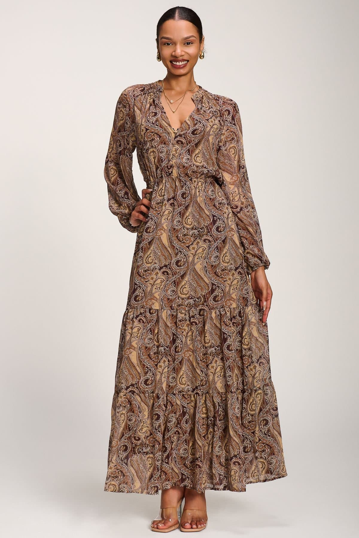 Jolie Moi Jolie Moi Women's Long Sleeve Paisley Chiffon Maxi Dress