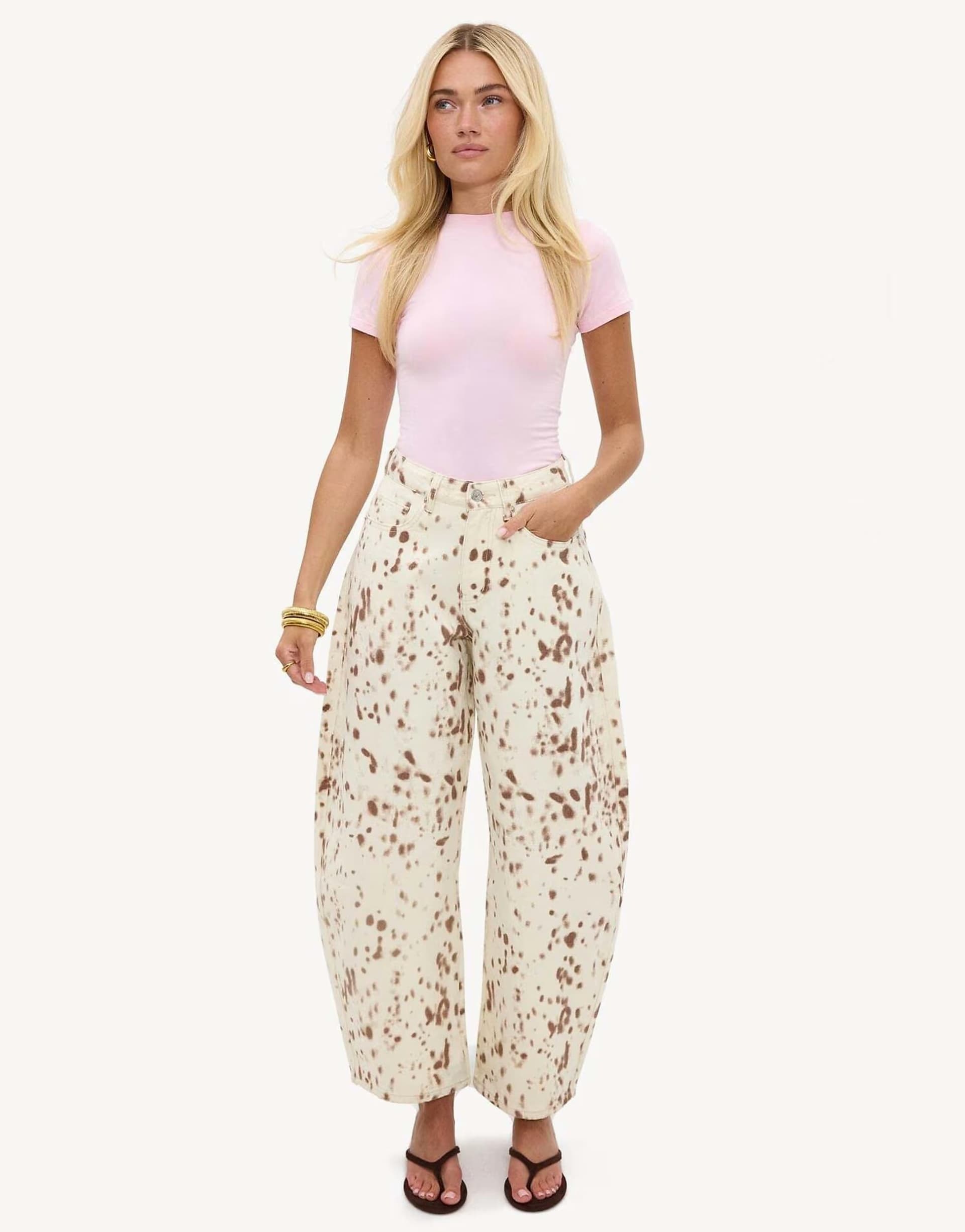 ASOS Loavies Everlasting hope balloon jeans with brown print in offwhite