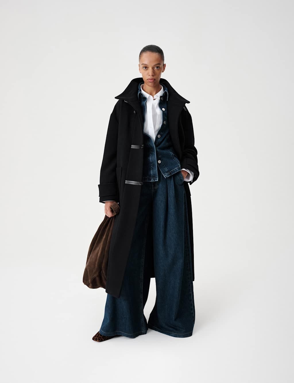 Marks & Spencer M&S Funnel Neck PU Trim Longline Coat Navy