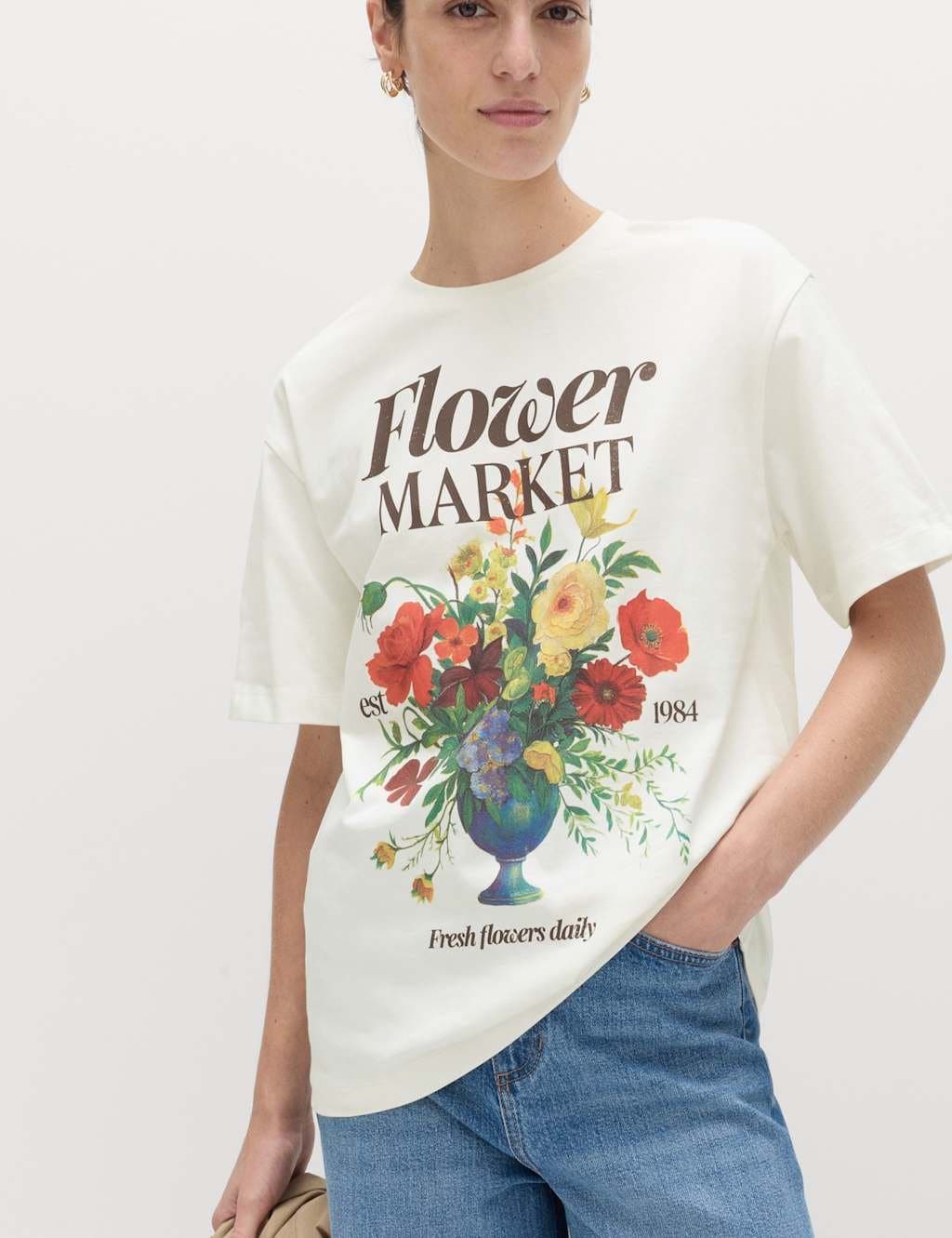 Marks & Spencer M&S Pure Cotton Floral Oversized Graphic T-Shirt Ivory Mix