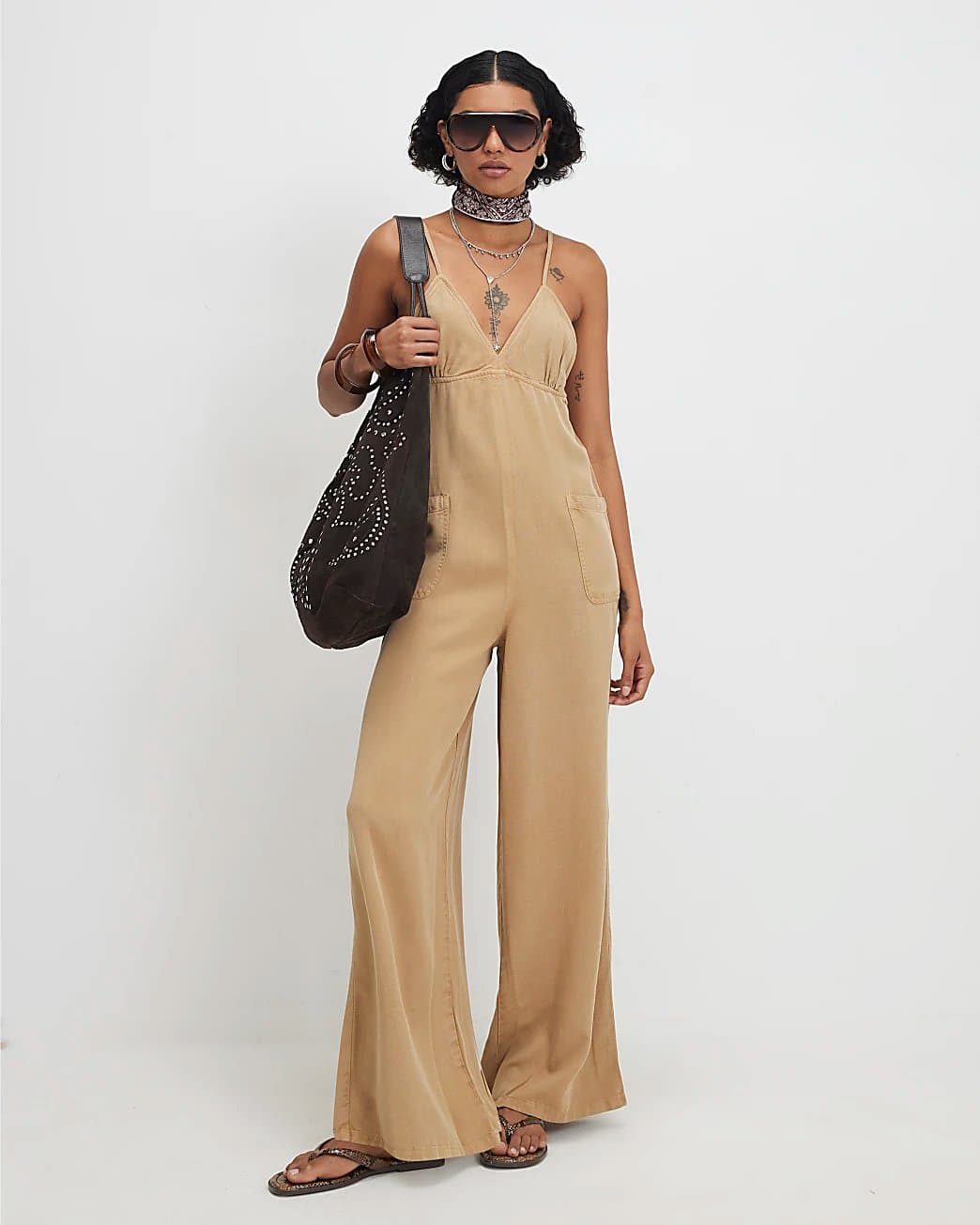 River Island River Island Womens Beige Twill V-Neck Jumpsuit