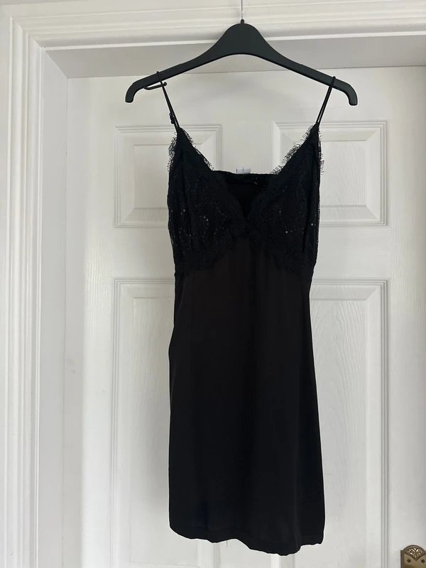 Never Fully Dressed Never Fully Dressed Lace Trim Black Satin Mini Slip Dress - 1