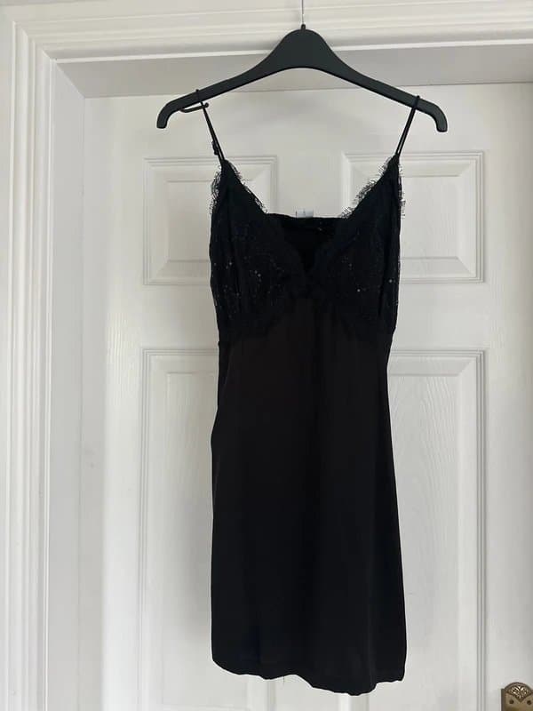 Never Fully Dressed Never Fully Dressed Lace Trim Black Satin Mini Slip Dress