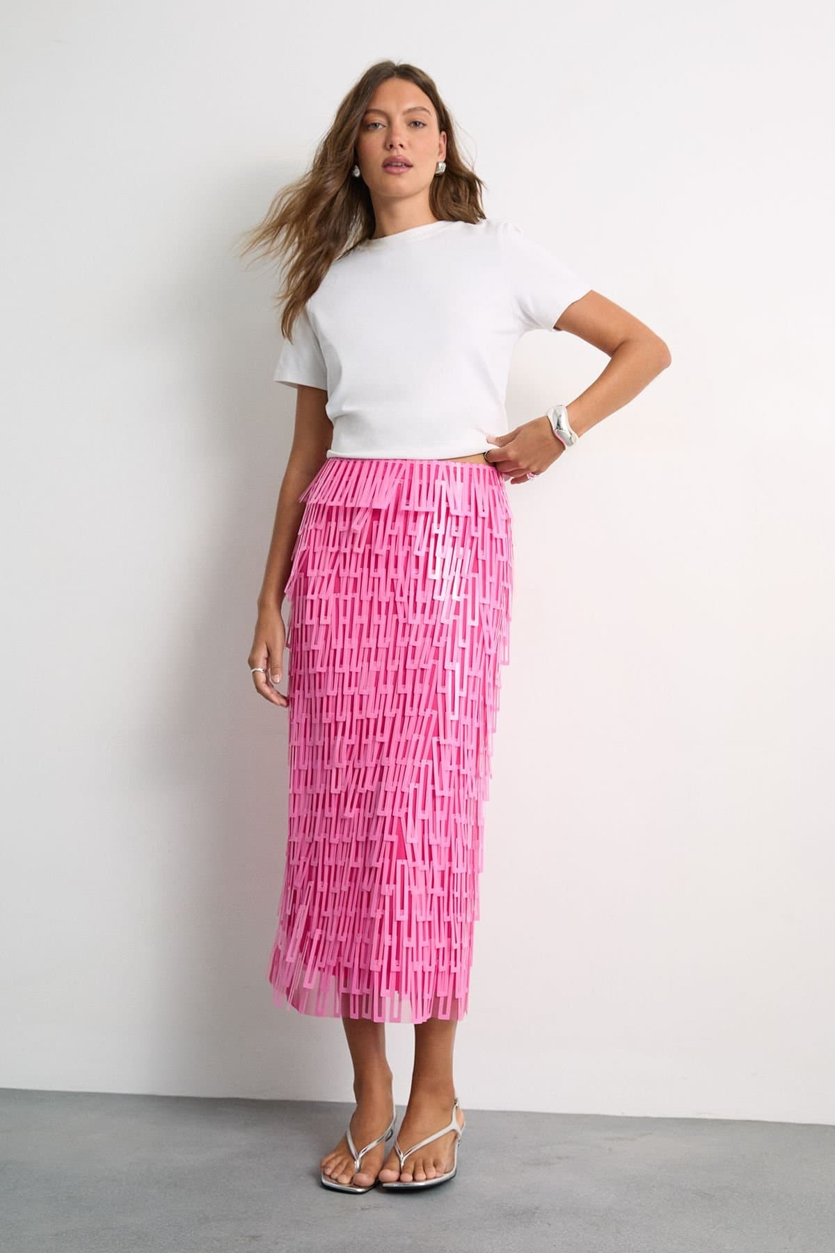 Warehouse Warehouse Women's Fringe Cut Out Sequin Tiered Midi Skirt in Pink