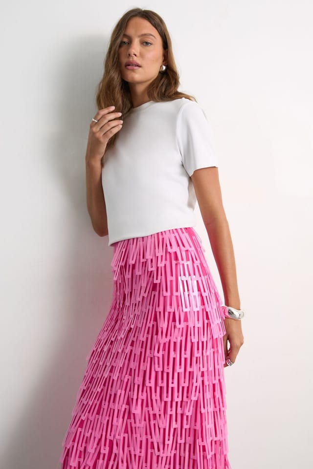 Warehouse Warehouse Women's Fringe Cut Out Sequin Tiered Midi Skirt in Pink - 2