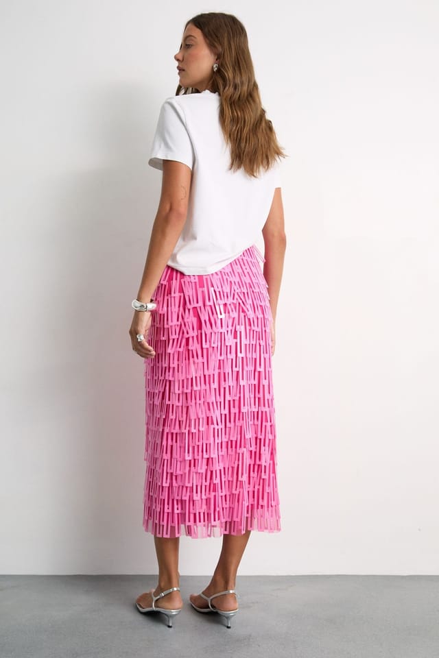 Warehouse Warehouse Women's Fringe Cut Out Sequin Tiered Midi Skirt in Pink - 3