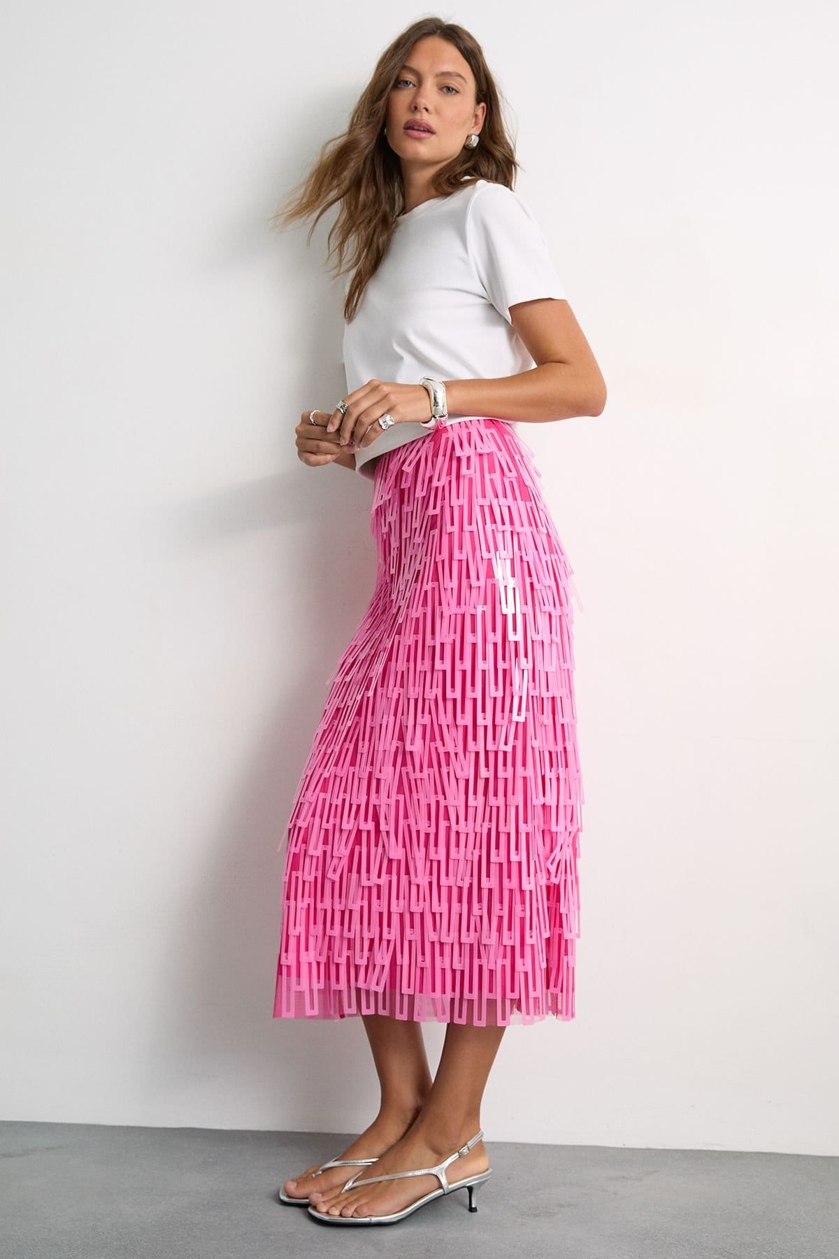 Warehouse Warehouse Women's Fringe Cut Out Sequin Tiered Midi Skirt in Pink - 4