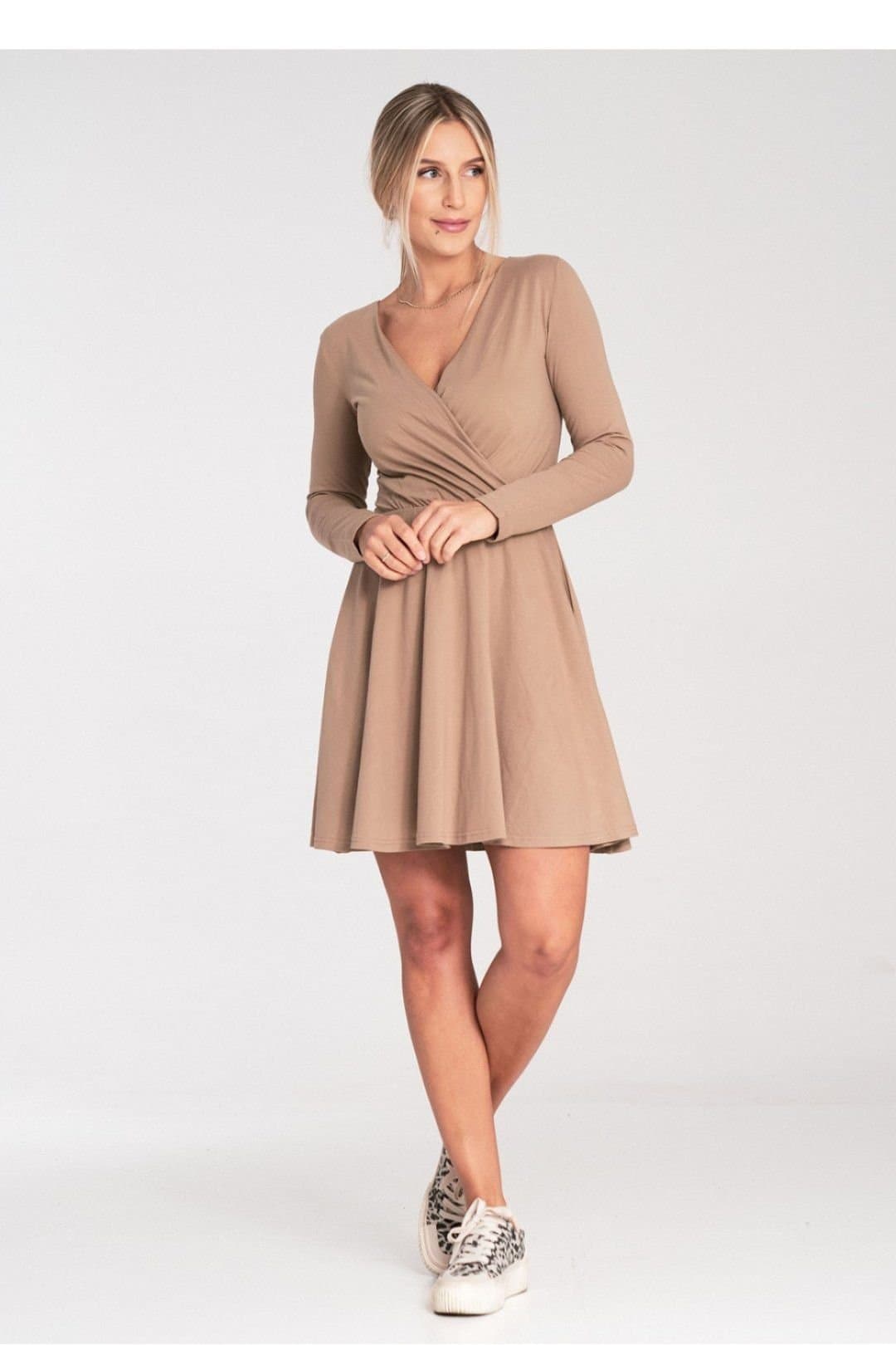 Love Lace Love Lace Women's Cotton Long Sleeve Envelope Neck Flared Dress in Beige