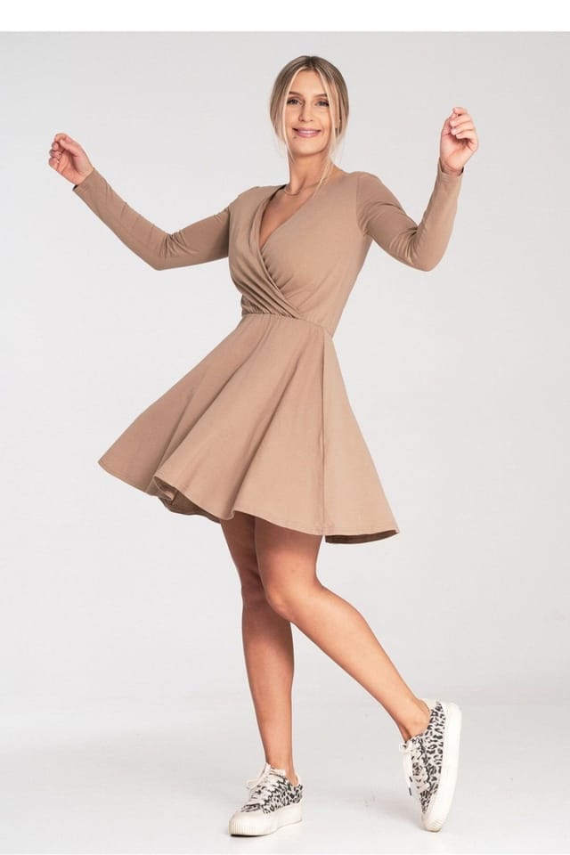 Love Lace Love Lace Women's Cotton Long Sleeve Envelope Neck Flared Dress in Beige - 2