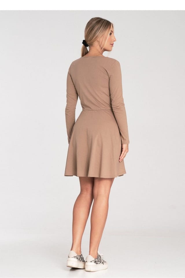 Love Lace Love Lace Women's Cotton Long Sleeve Envelope Neck Flared Dress in Beige - 3