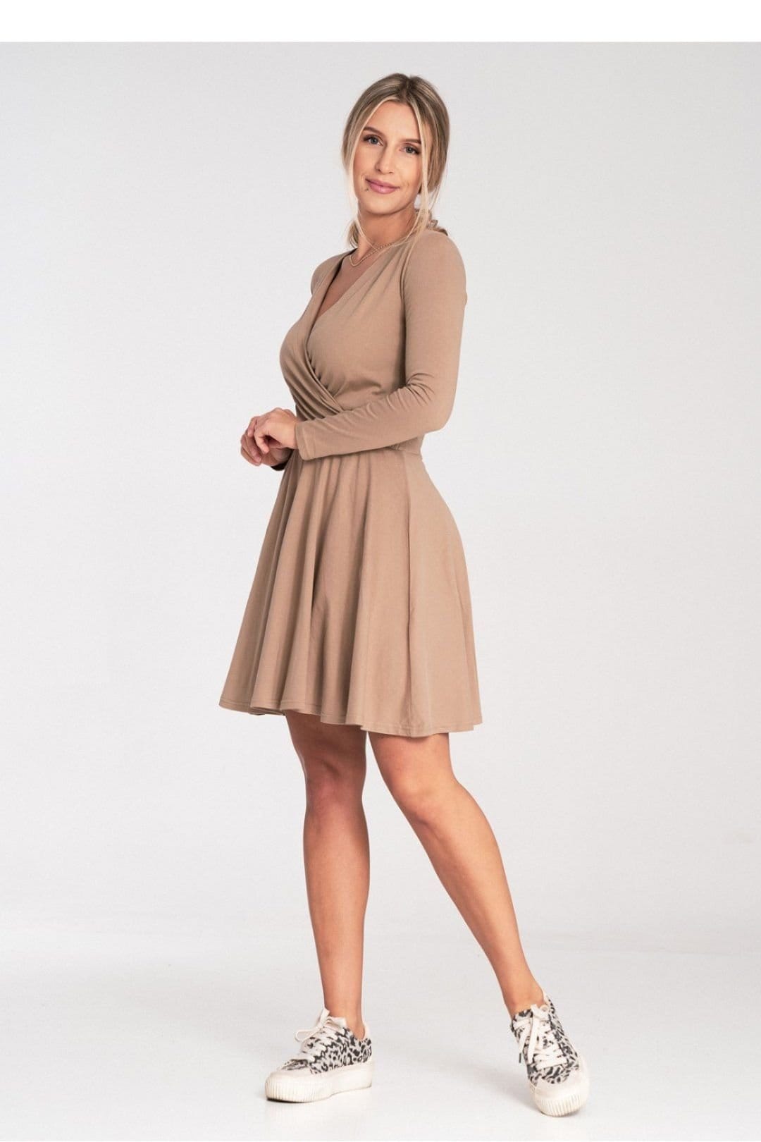 Love Lace Love Lace Women's Cotton Long Sleeve Envelope Neck Flared Dress in Beige - 4
