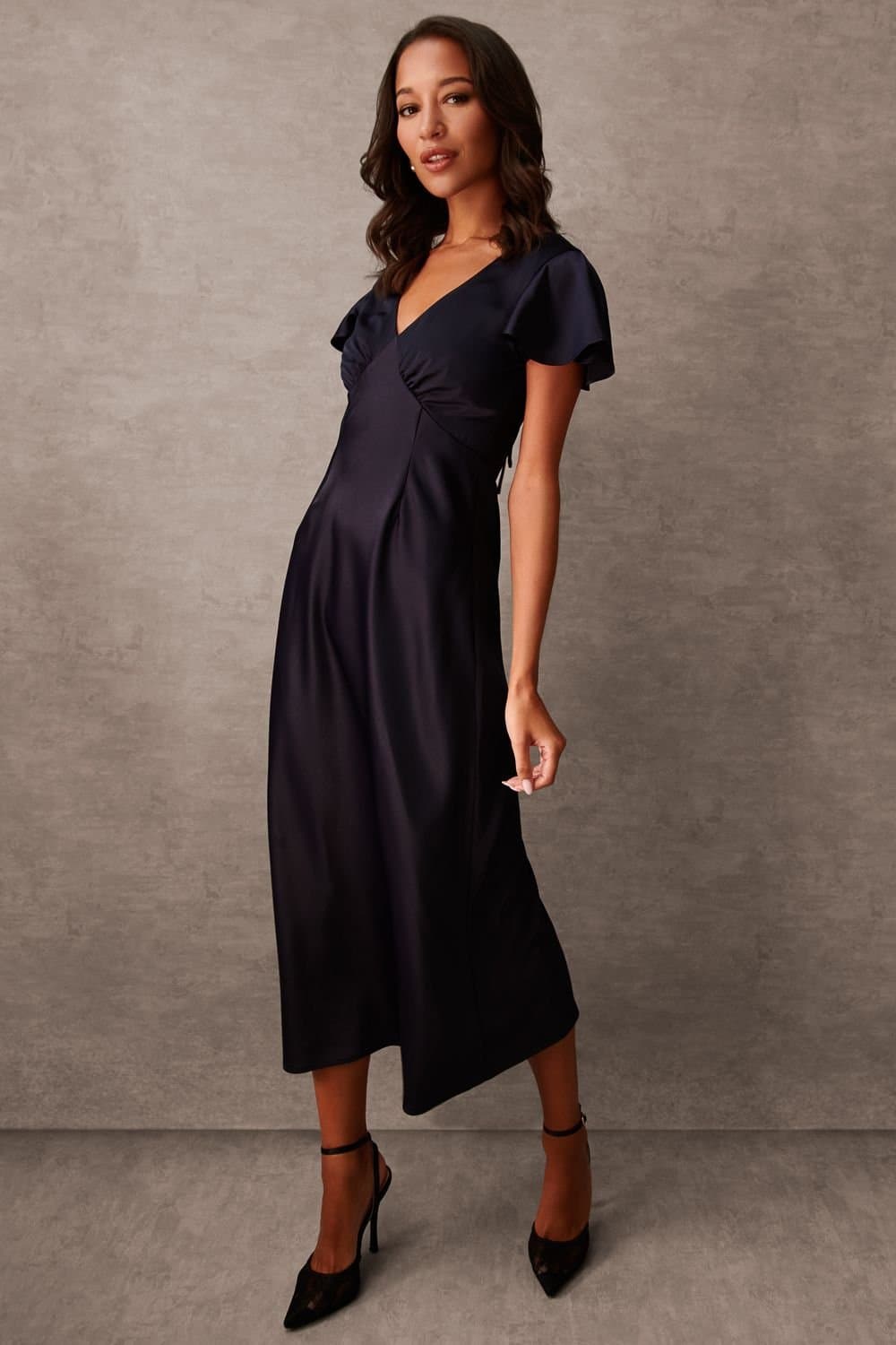 Blue Vanilla Blue Vanilla Navy Silky Midi Dress with Bow Back