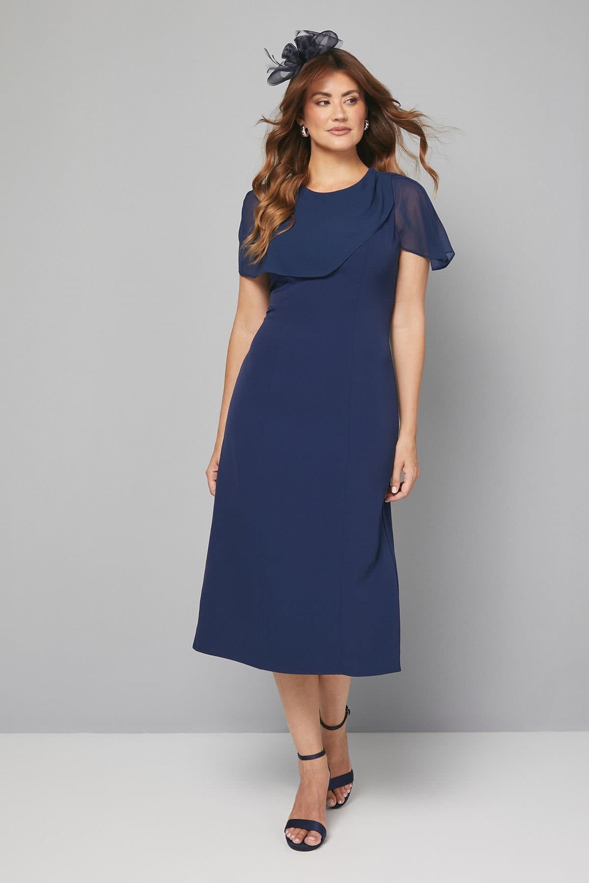 Wallis Wallis Women's Chiffon Cape Detail Pencil Dress in Navy
