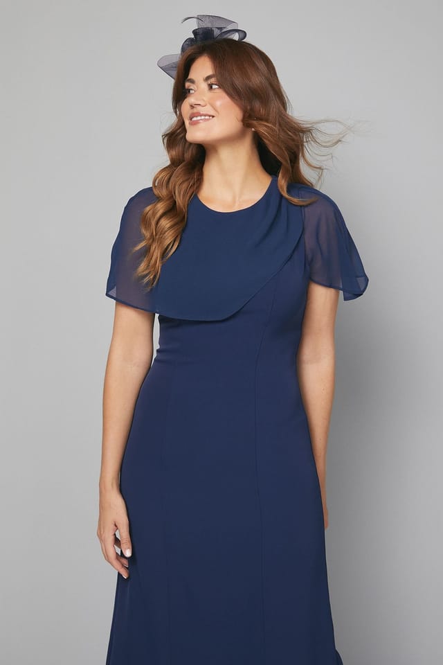 Wallis Wallis Women's Chiffon Cape Detail Pencil Dress in Navy - 2