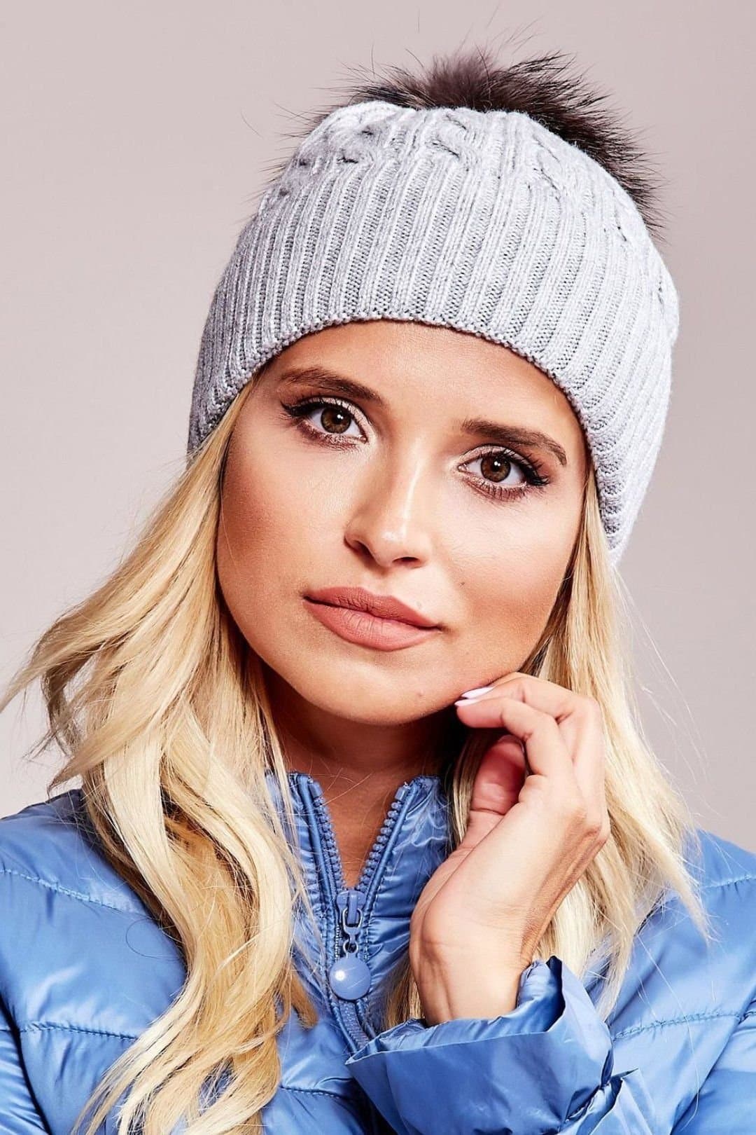 Love Lace Love Lace Grey Knit Beanie Hat with Ribbed Cuff & Pompom