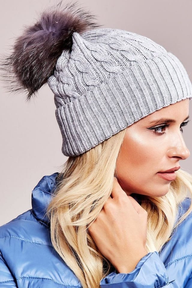 Love Lace Love Lace Women's Winter Knit Beanie Hat with Wide Ribbed Cuff & Fluffy Pompom in Grey - 2