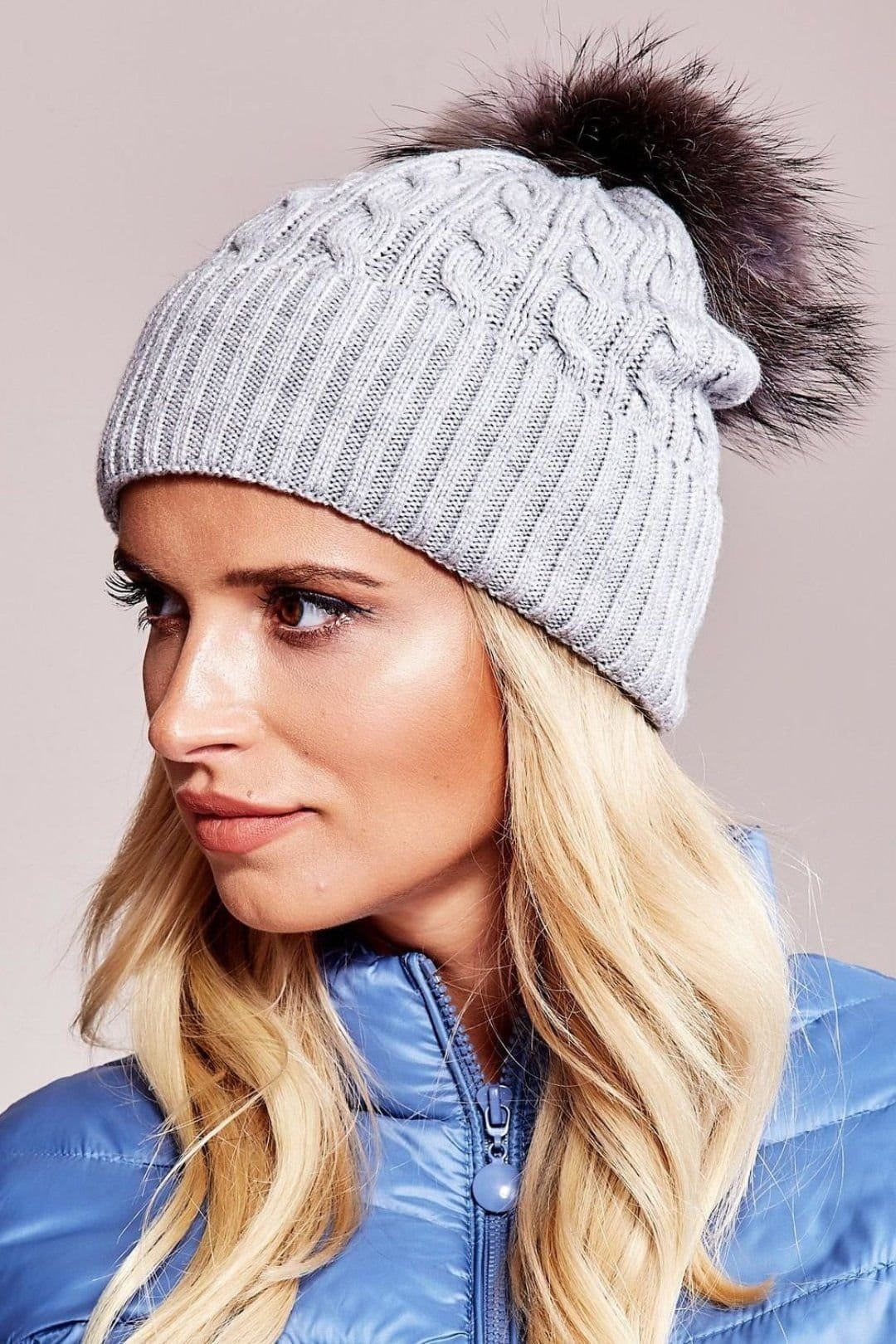 Love Lace Love Lace Women's Winter Knit Beanie Hat with Wide Ribbed Cuff & Fluffy Pompom in Grey - 4