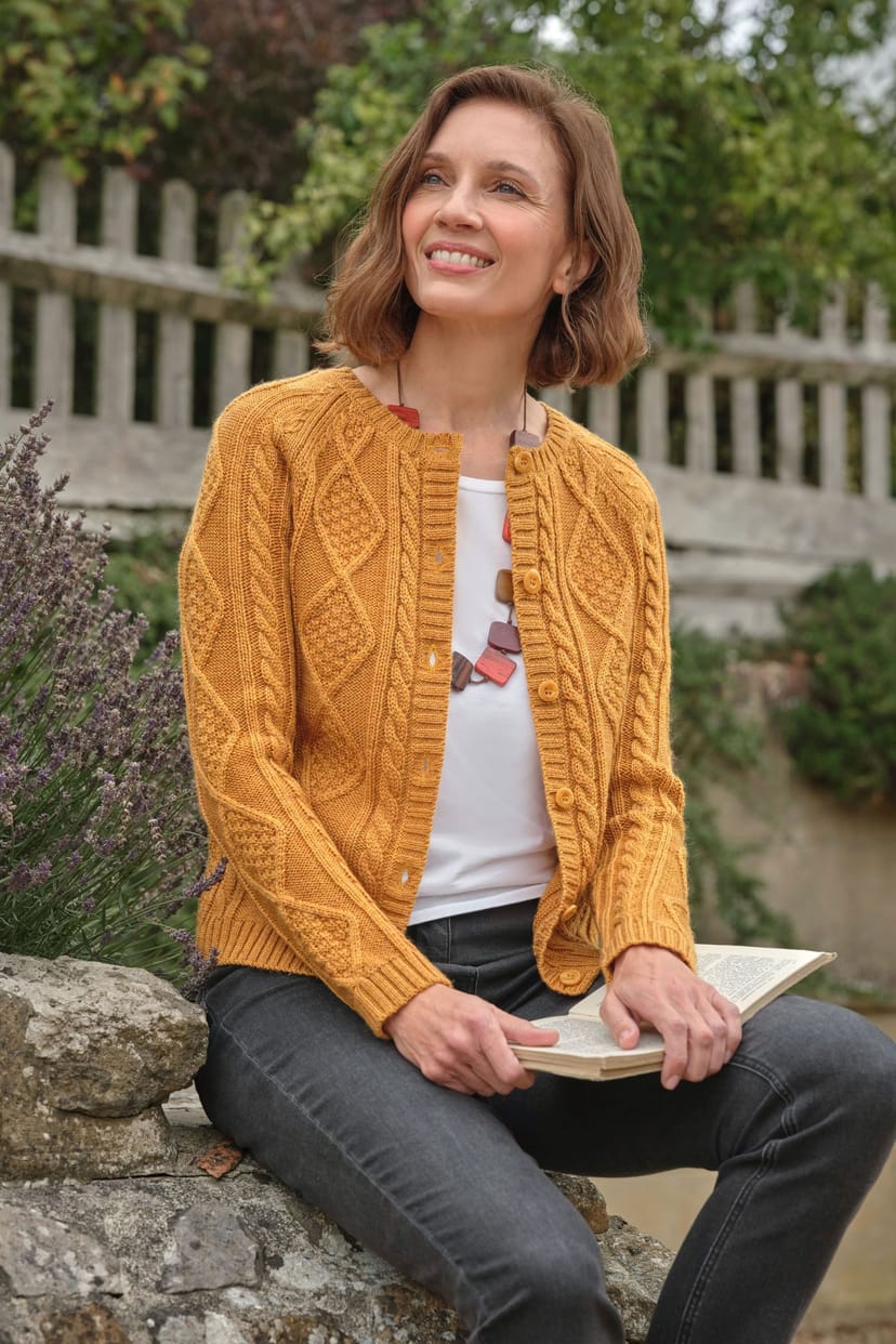 WoolOvers WoolOvers Women's Cable Button Cardigan in Mustard - 1